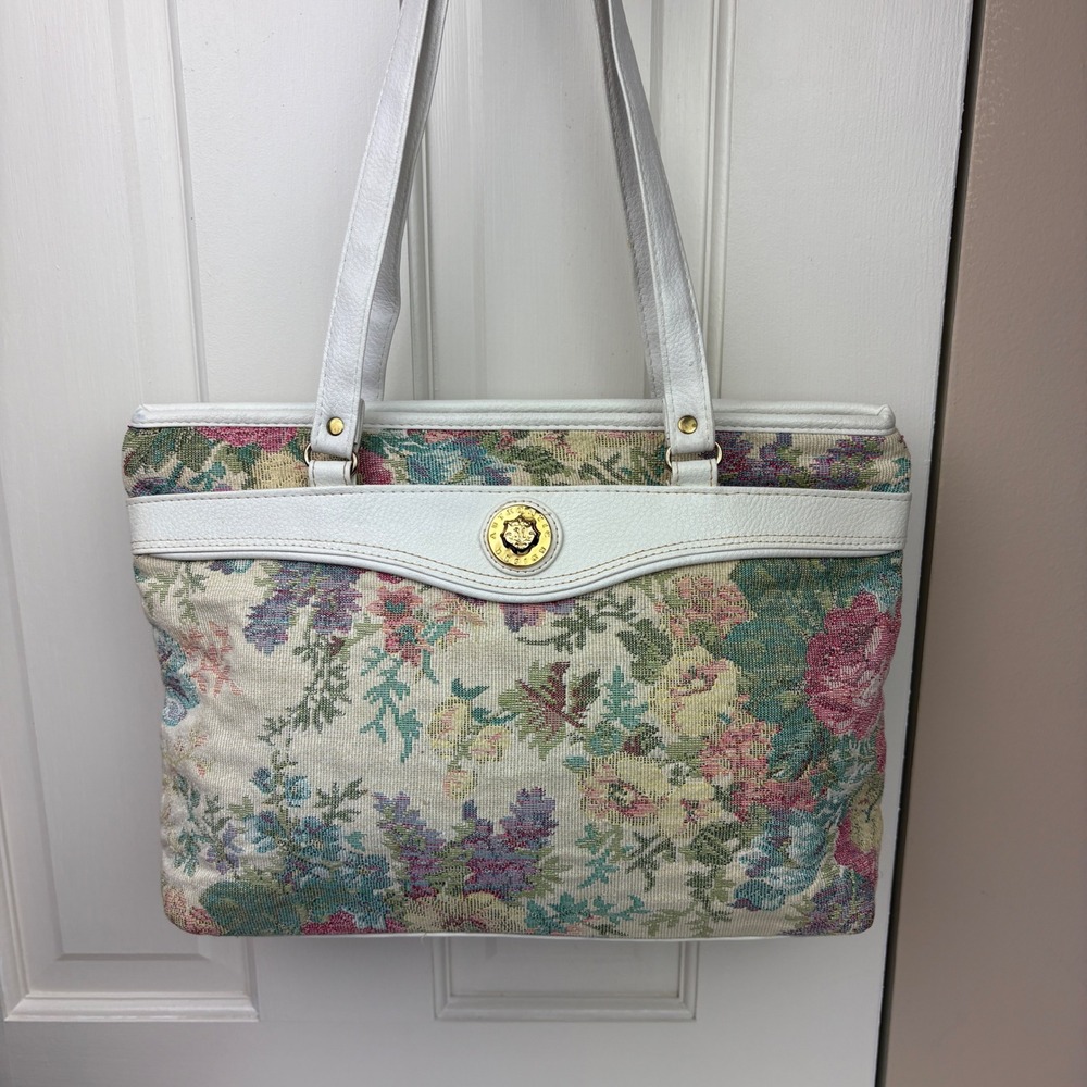 Vintage 80s Mitzi Floral Tapestry Tote Bag White Faux Leather Trim Medallion